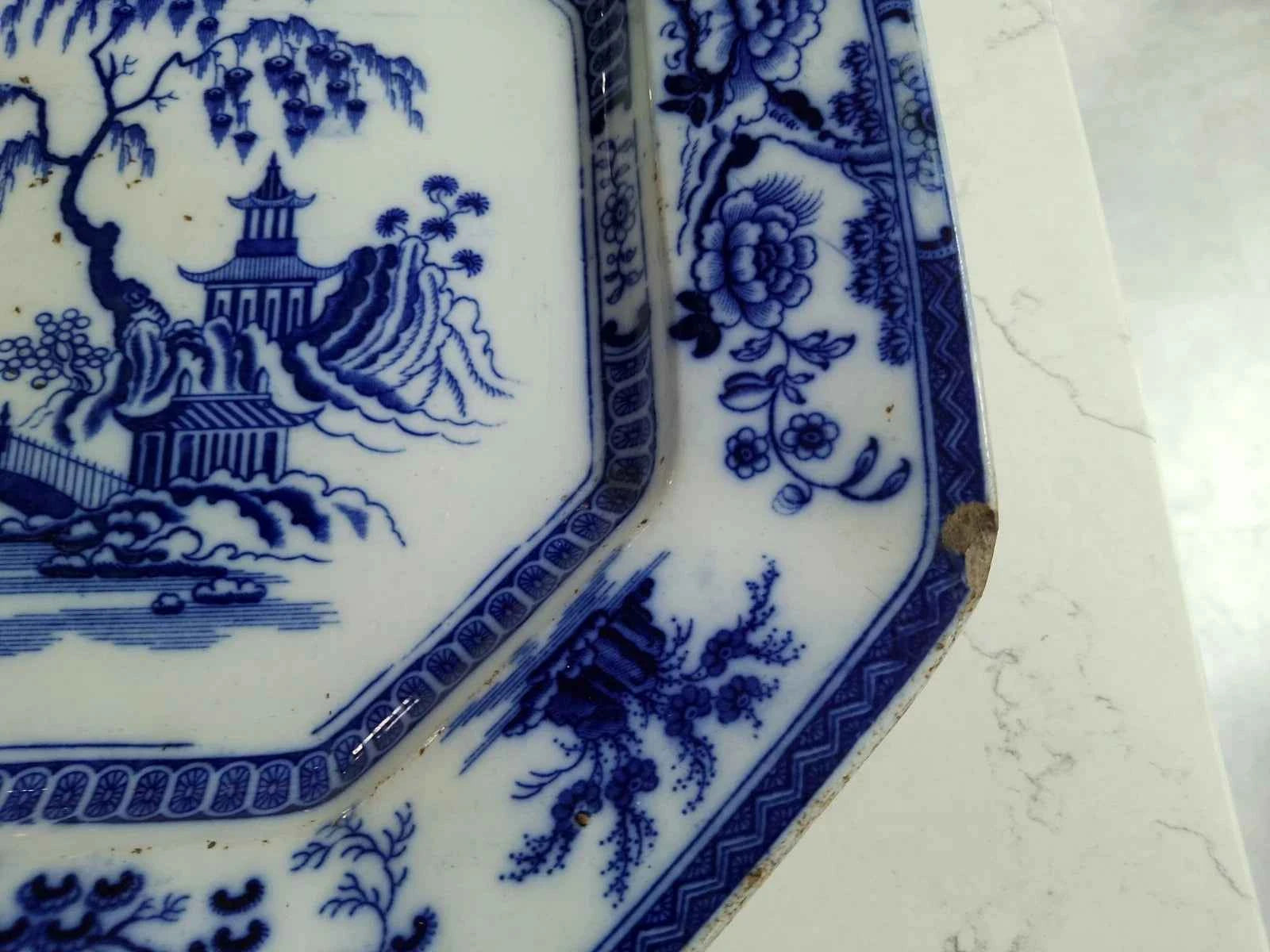 John Maddock Flow Blue Hindustan Ironstone Platter England Made Pre 1855 16"