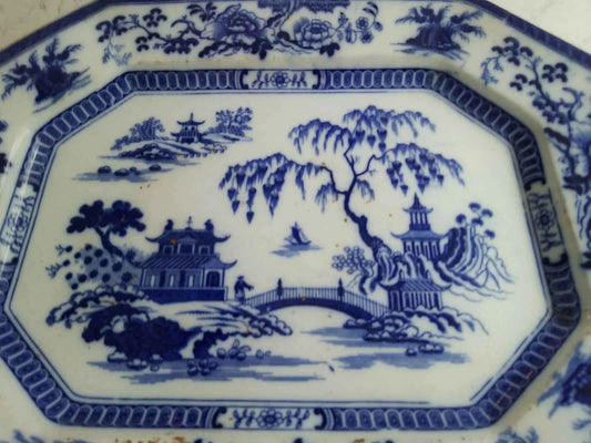 John Maddock Flow Blue Hindustan Ironstone Platter England Made Pre 1855 16"