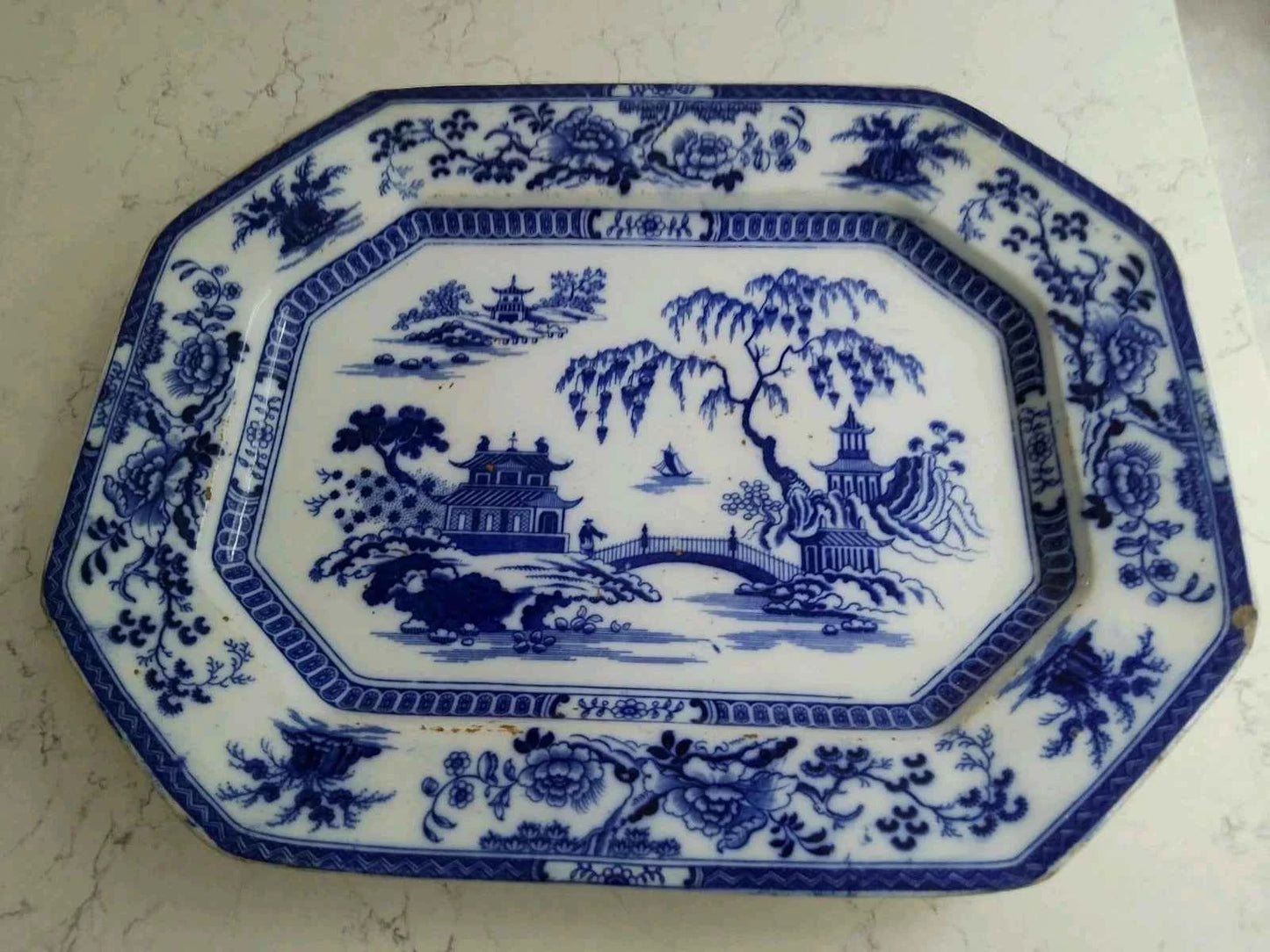 John Maddock Flow Blue Hindustan Ironstone Platter England Made Pre 1855 16"