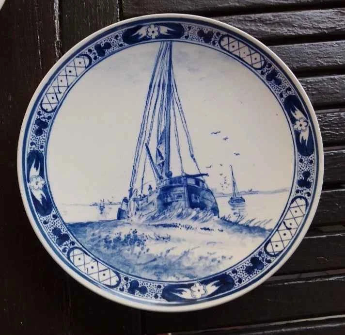 Antique Villeroy & Boch Mottahedeh 5044 1044 Blue & white ship decorated plate