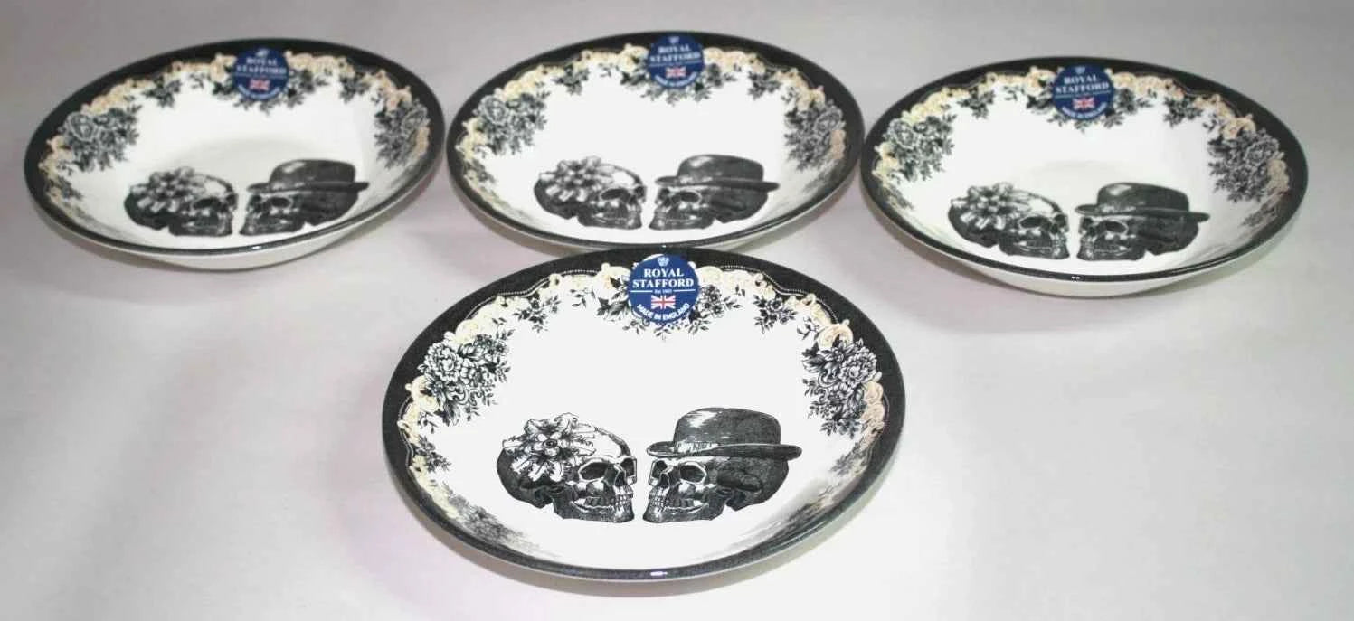 4 x NEW Royal Stafford Halloween Wedding His & Hers Skull Salad Pasta Bowls