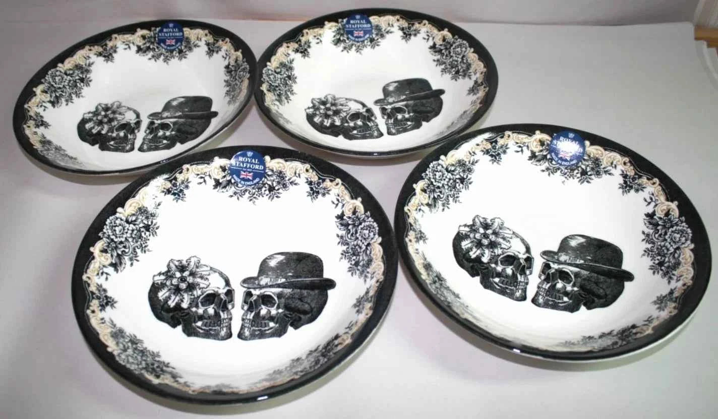 4 x NEW Royal Stafford Halloween Wedding His & Hers Skull Salad Pasta Bowls