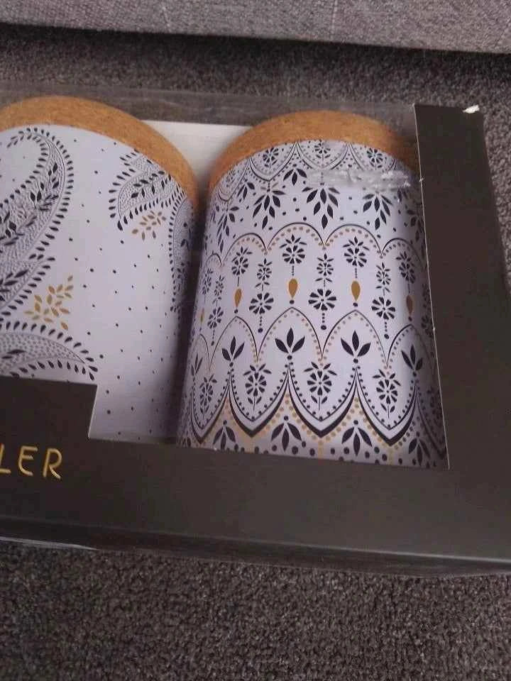 NEW Sara Miller Artisanne Noir Set 3 Tin Caddies with Cork Lids