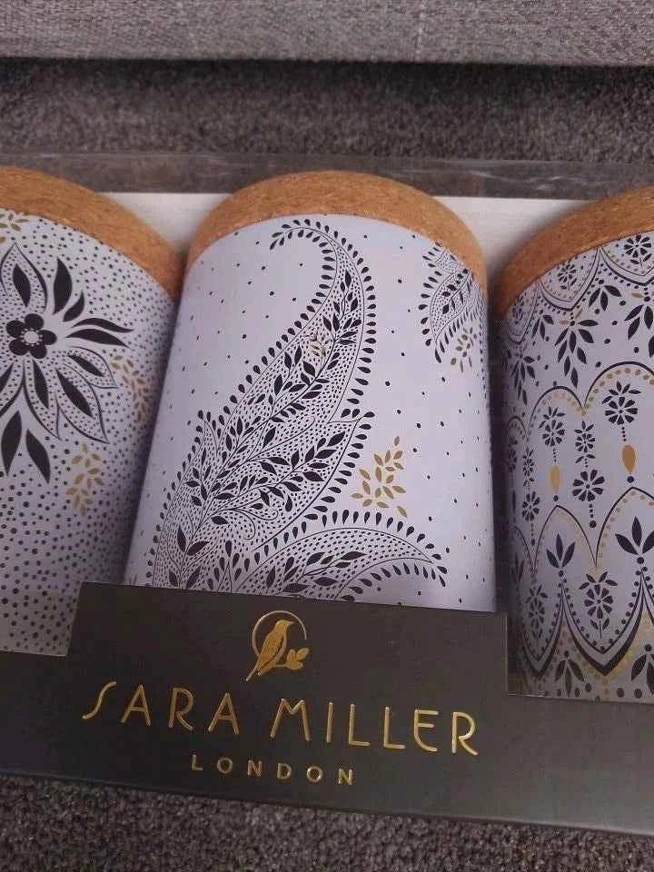 NEW Sara Miller Artisanne Noir Set 3 Tin Caddies with Cork Lids