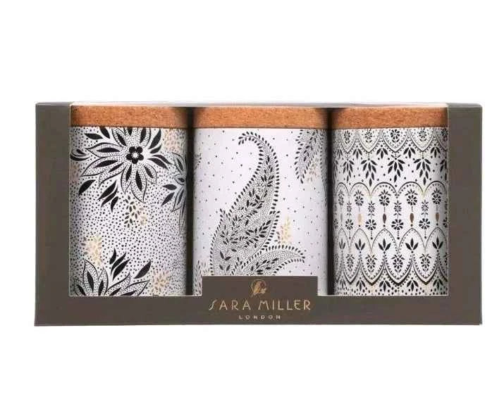 NEW Sara Miller Artisanne Noir Set 3 Tin Caddies with Cork Lids