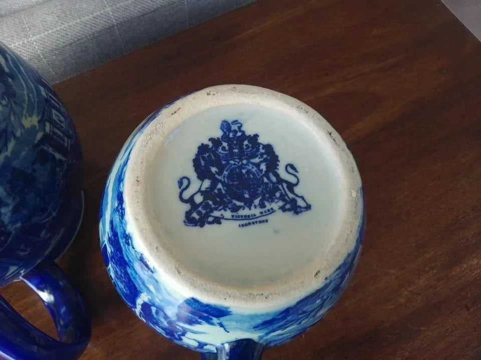 3 x Vintage Victoria Ware Blue and White Ironstone Jugs / Pitchers