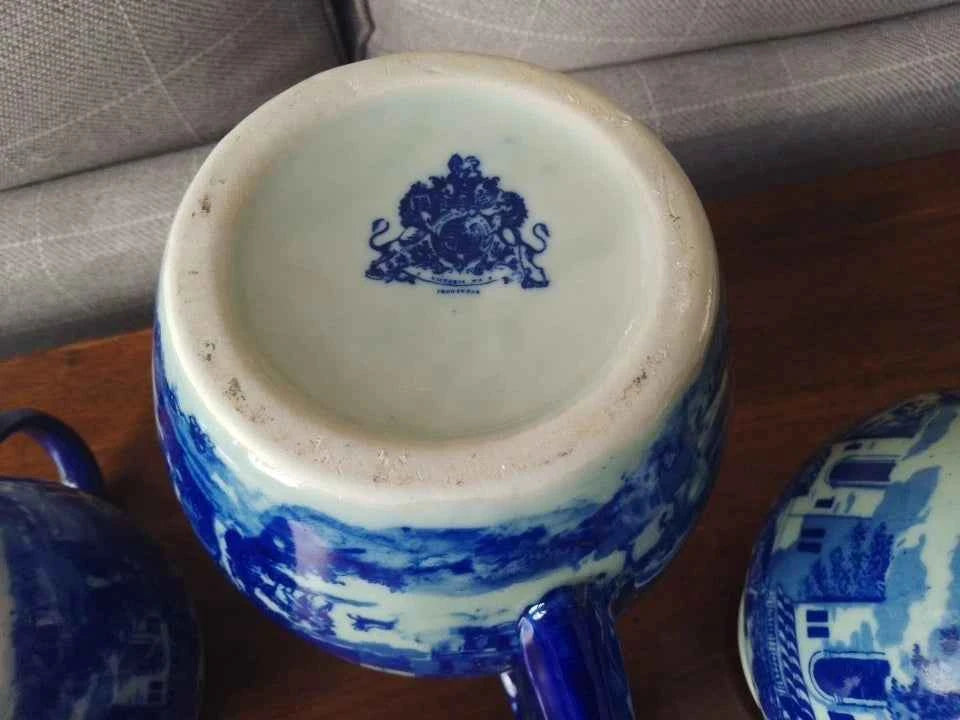 3 x Vintage Victoria Ware Blue and White Ironstone Jugs / Pitchers
