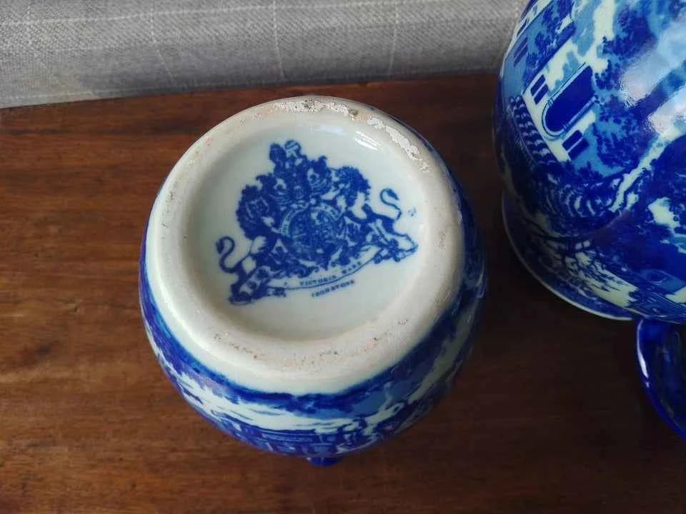 3 x Vintage Victoria Ware Blue and White Ironstone Jugs / Pitchers
