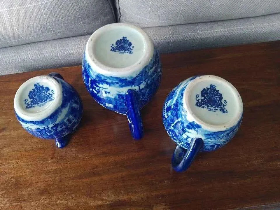 3 x Vintage Victoria Ware Blue and White Ironstone Jugs / Pitchers