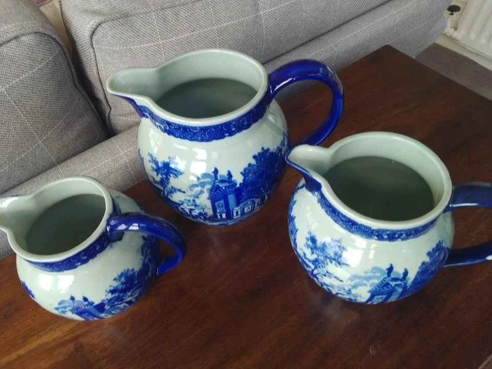3 x Vintage Victoria Ware Blue and White Ironstone Jugs / Pitchers