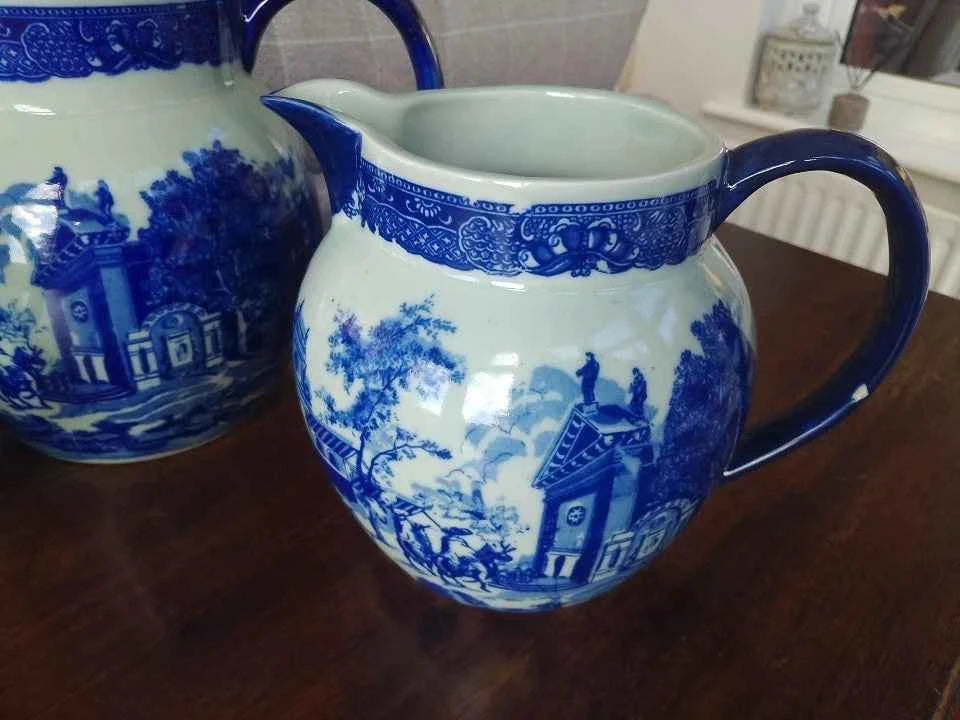 3 x Vintage Victoria Ware Blue and White Ironstone Jugs / Pitchers