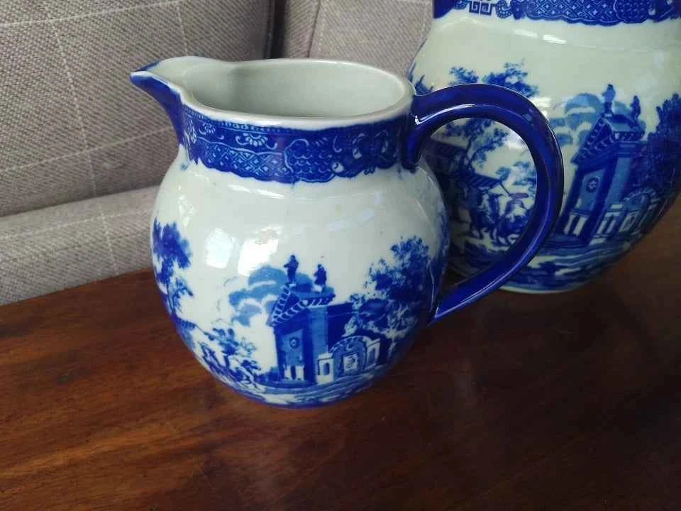 3 x Vintage Victoria Ware Blue and White Ironstone Jugs / Pitchers