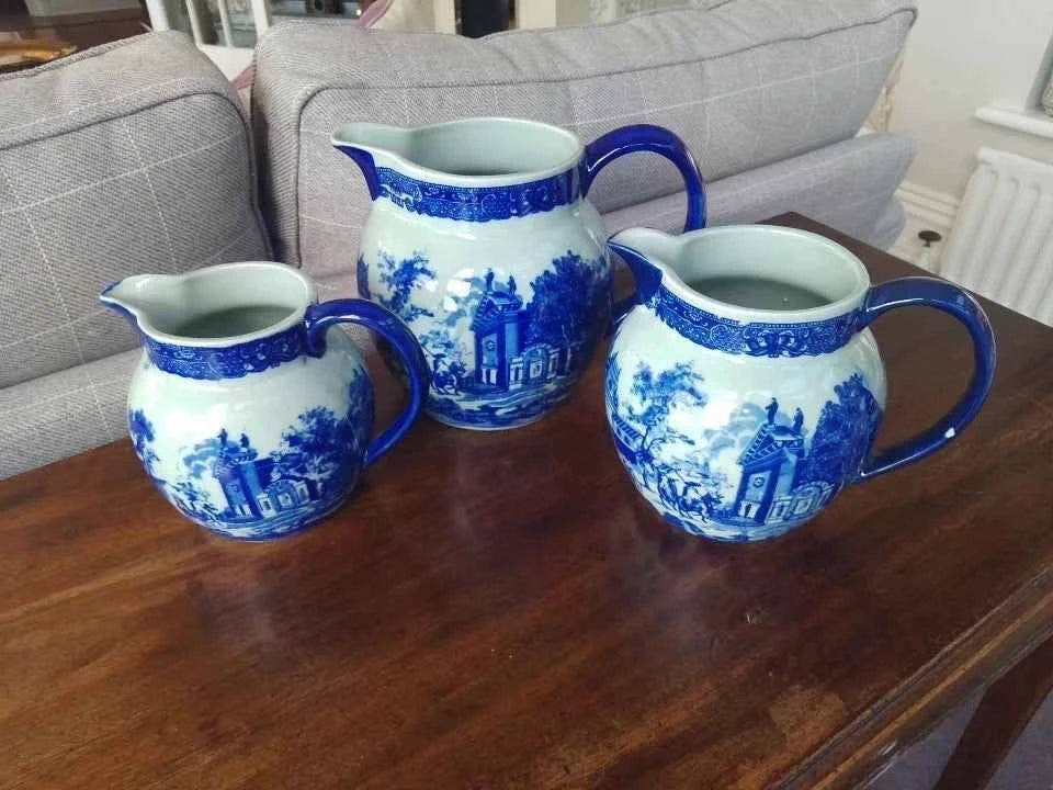 3 x Vintage Victoria Ware Blue and White Ironstone Jugs / Pitchers