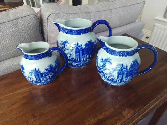 3 x Vintage Victoria Ware Blue and White Ironstone Jugs / Pitchers