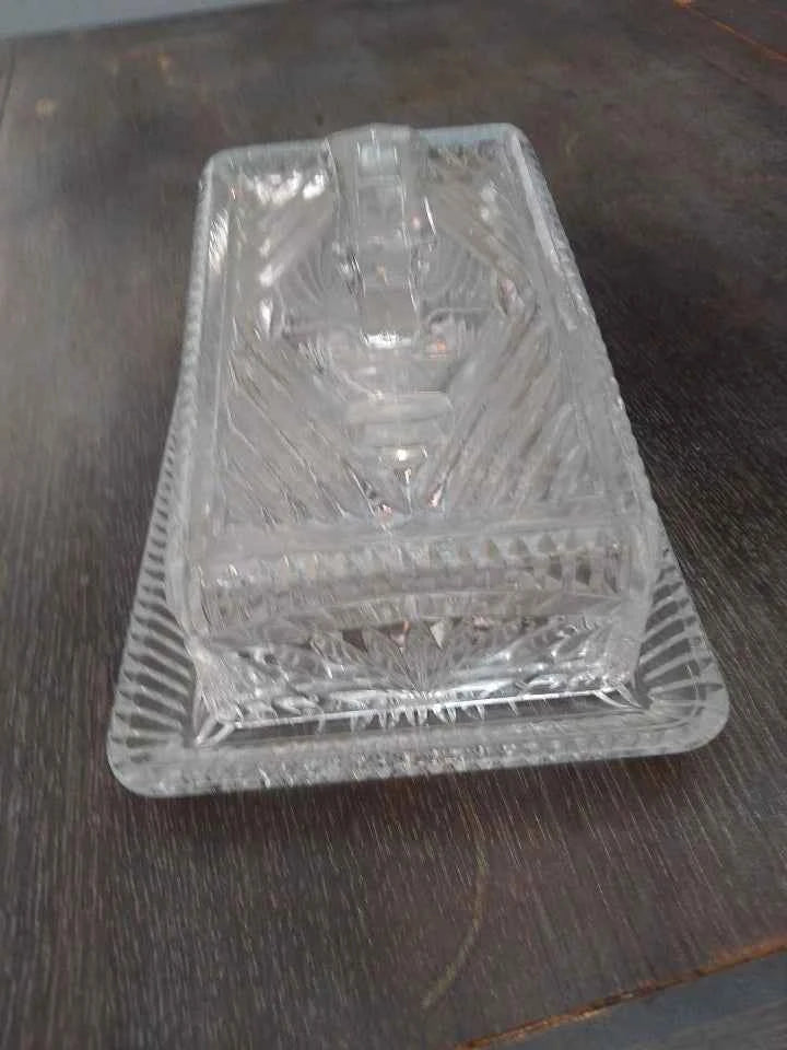 Vintage Crystal Glass Butter Or Cheese Dish With Lid Excellent Condition Large