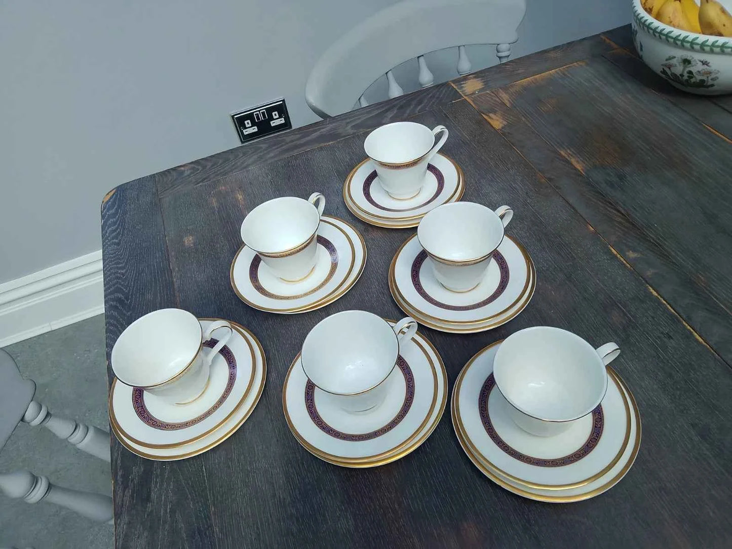 6 x Royal Doulton White / Gold Gilt Harlow Trios (Cups, Saucers, Side Plates )