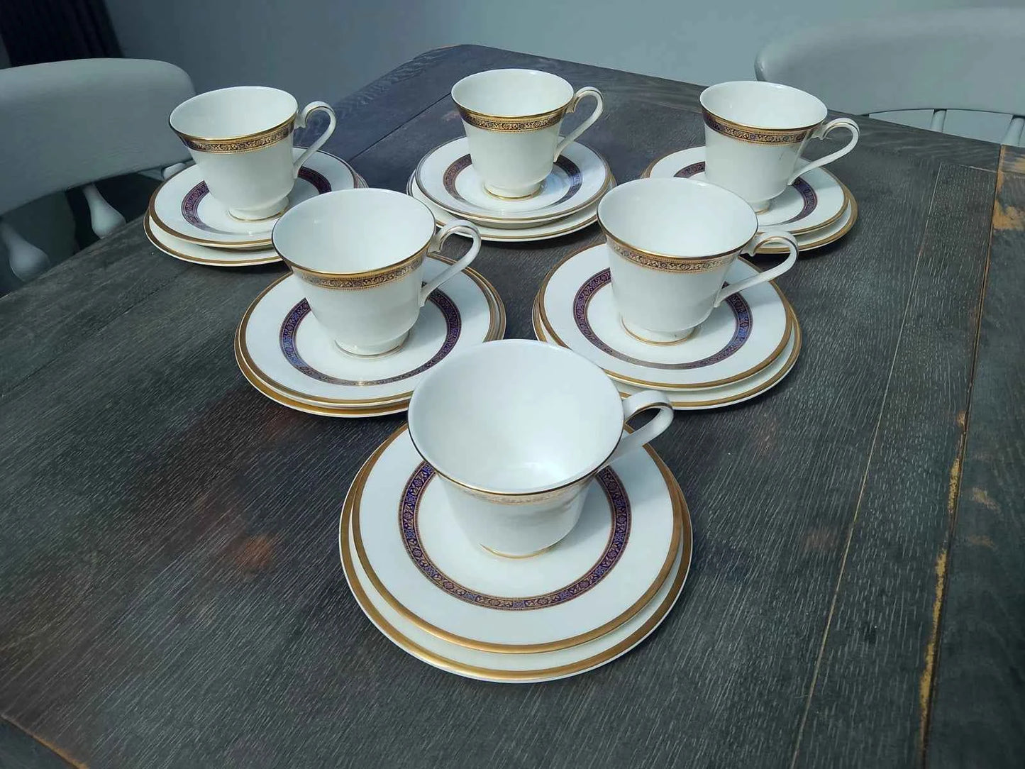 6 x Royal Doulton White / Gold Gilt Harlow Trios (Cups, Saucers, Side Plates )