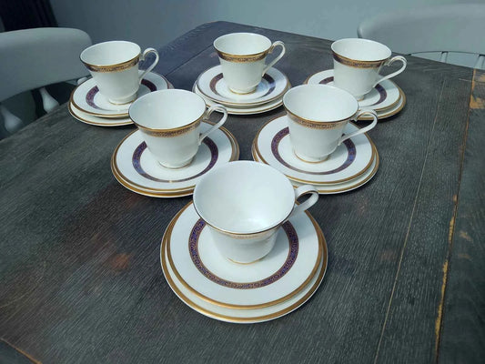 6 x Royal Doulton White / Gold Gilt Harlow Trios (Cups, Saucers, Side Plates )