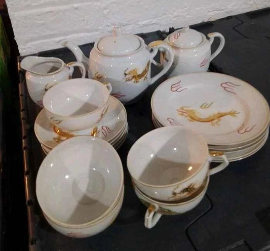 JAPANESE Vintage Geisha Girl Lithophane Eggshell Porcelain Red Dragon Tea Set