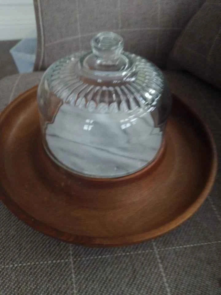 Wooden Cheese Serving Tray with Marble plate and glass cover Vintage Rare Style