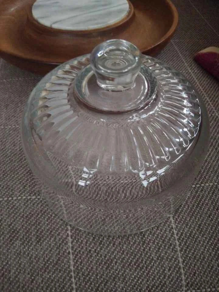 Wooden Cheese Serving Tray with Marble plate and glass cover Vintage Rare Style