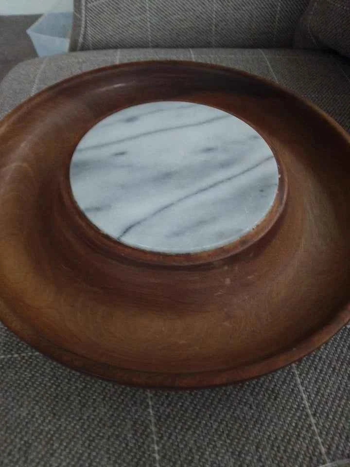 Wooden Cheese Serving Tray with Marble plate and glass cover Vintage Rare Style