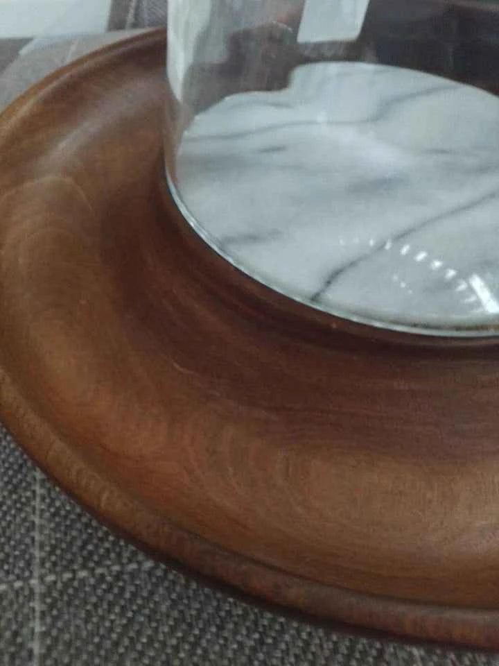 Wooden Cheese Serving Tray with Marble plate and glass cover Vintage Rare Style