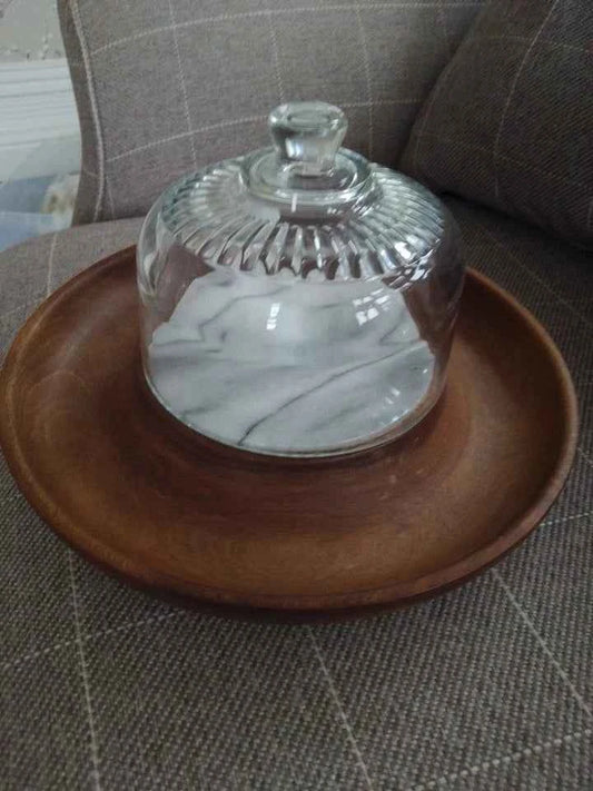 Wooden Cheese Serving Tray with Marble plate and glass cover Vintage Rare Style