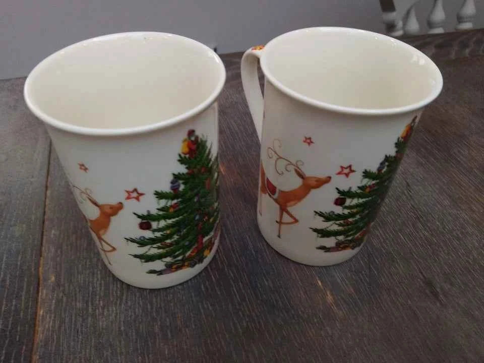 2 X Spode Christmas Jubilee Mugs Reindeer Christmas Tree Rare