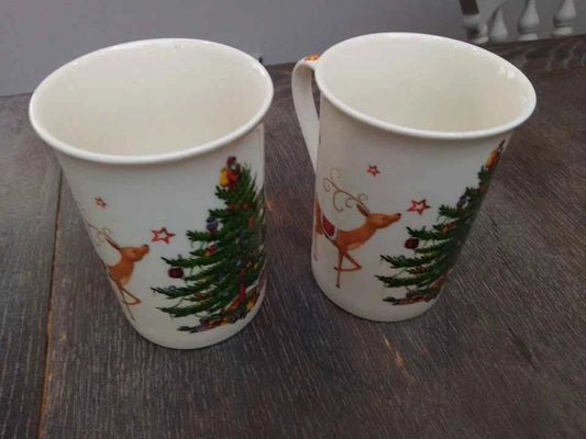 2 X Spode Christmas Jubilee Mugs Reindeer Christmas Tree Rare
