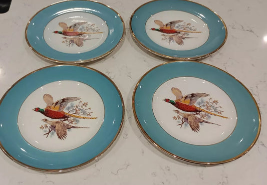 Sheriden Flying Pheasants Blue Teal Edged 8.5" Salad Plates Rare x 4