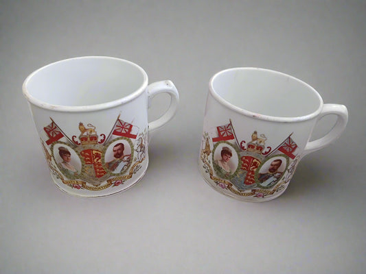 Antique 1911 George V & Mary English Coronation Pair of Mugs Cups Bridgwood Widnes