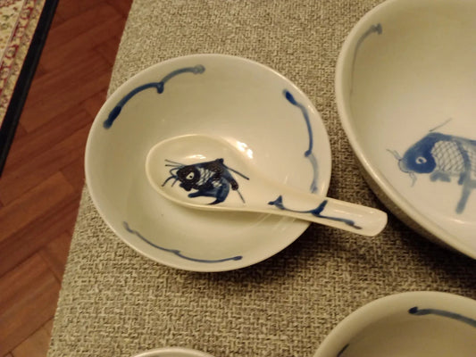 Chinese Koi Blue Carp Fish Porcelain Vintage Dinner Set