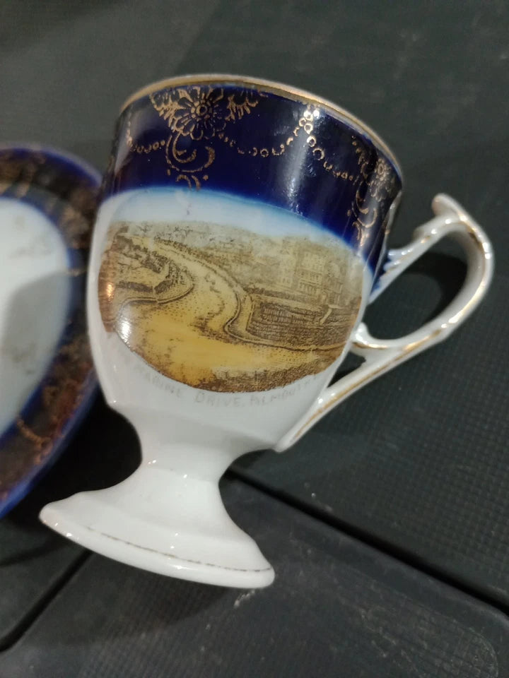 RARE Footed Tea cup / Eggcup & Saucer With Picture Of Marine Drive Falmouth