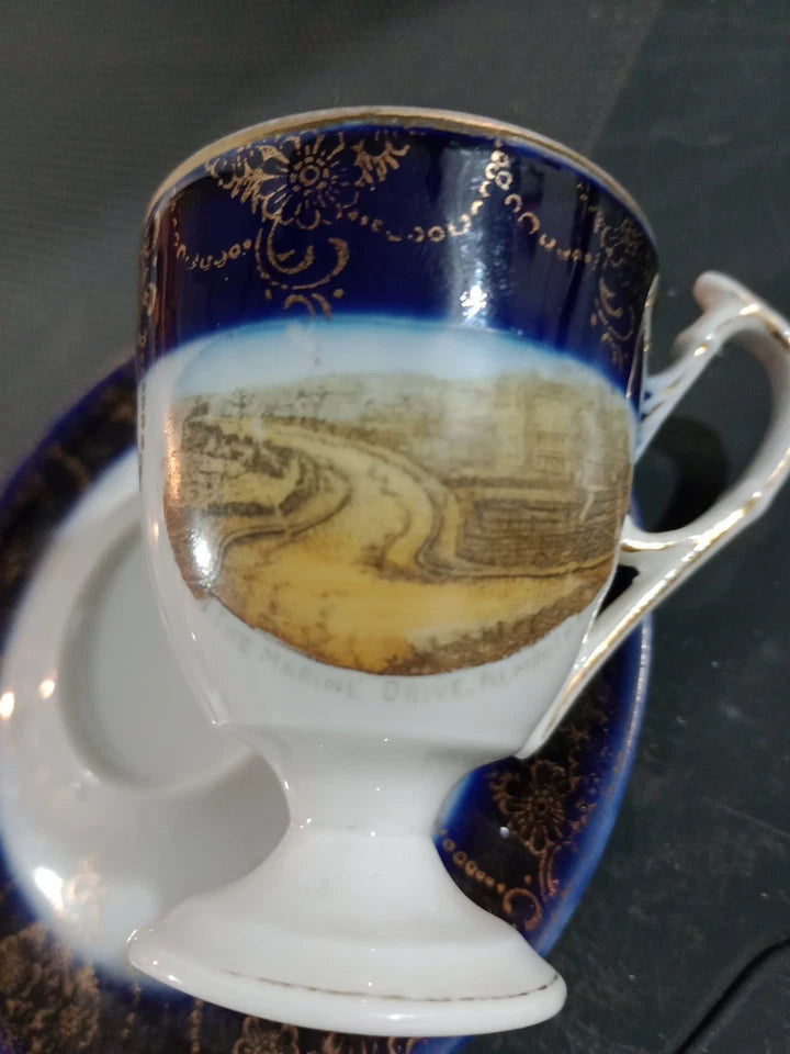 RARE Footed Tea cup / Eggcup & Saucer With Picture Of Marine Drive Falmouth