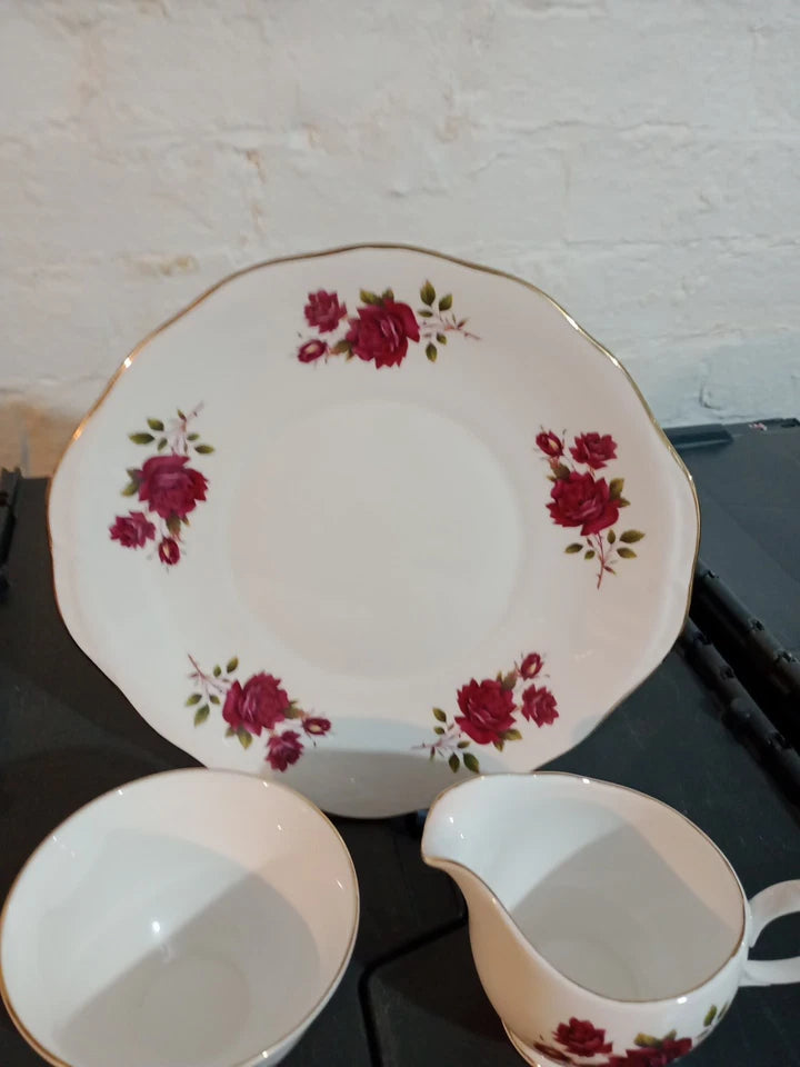 Gainsborough Red Rose Roses Milk Jug, Sugar Bowl & Cake Plate Vintage