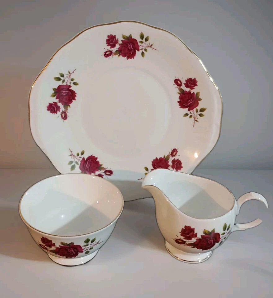 Gainsborough Red Rose Roses Milk Jug, Sugar Bowl & Cake Plate Vintage