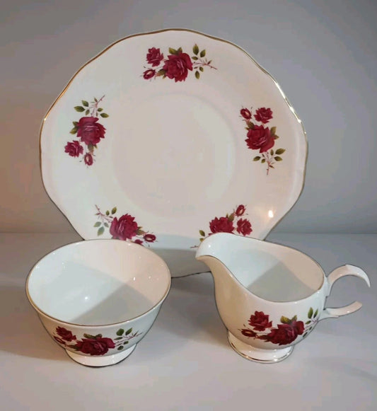 Gainsborough Red Rose Roses Milk Jug, Sugar Bowl & Cake Plate Vintage