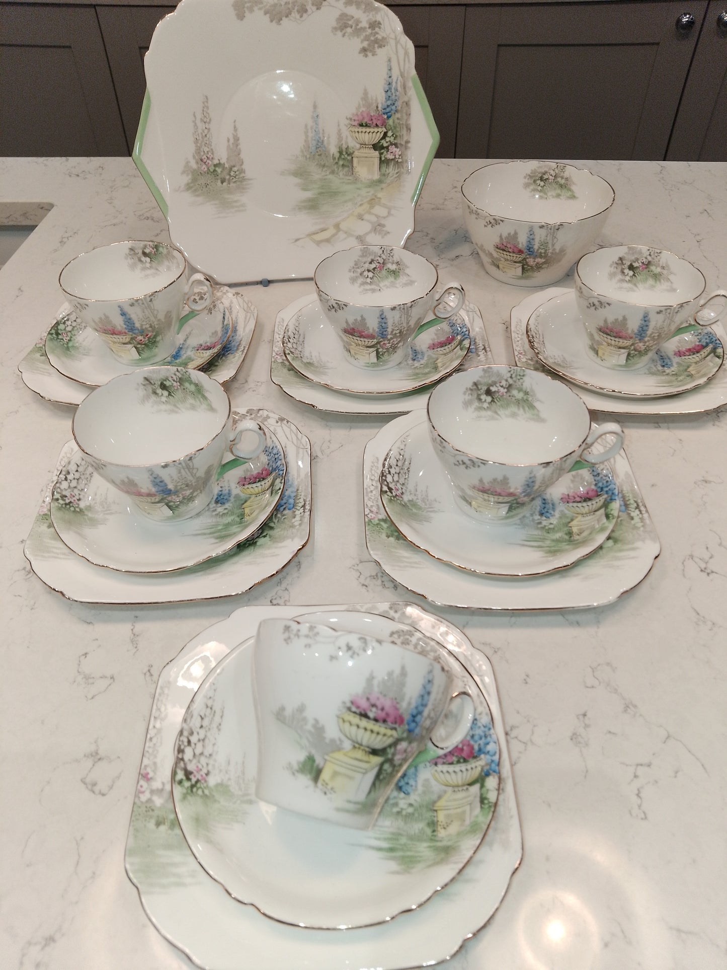 Shelley Cambridge Part Tea Set Reg No 823343 Garden And Urn 1937 - Helsby Vintage