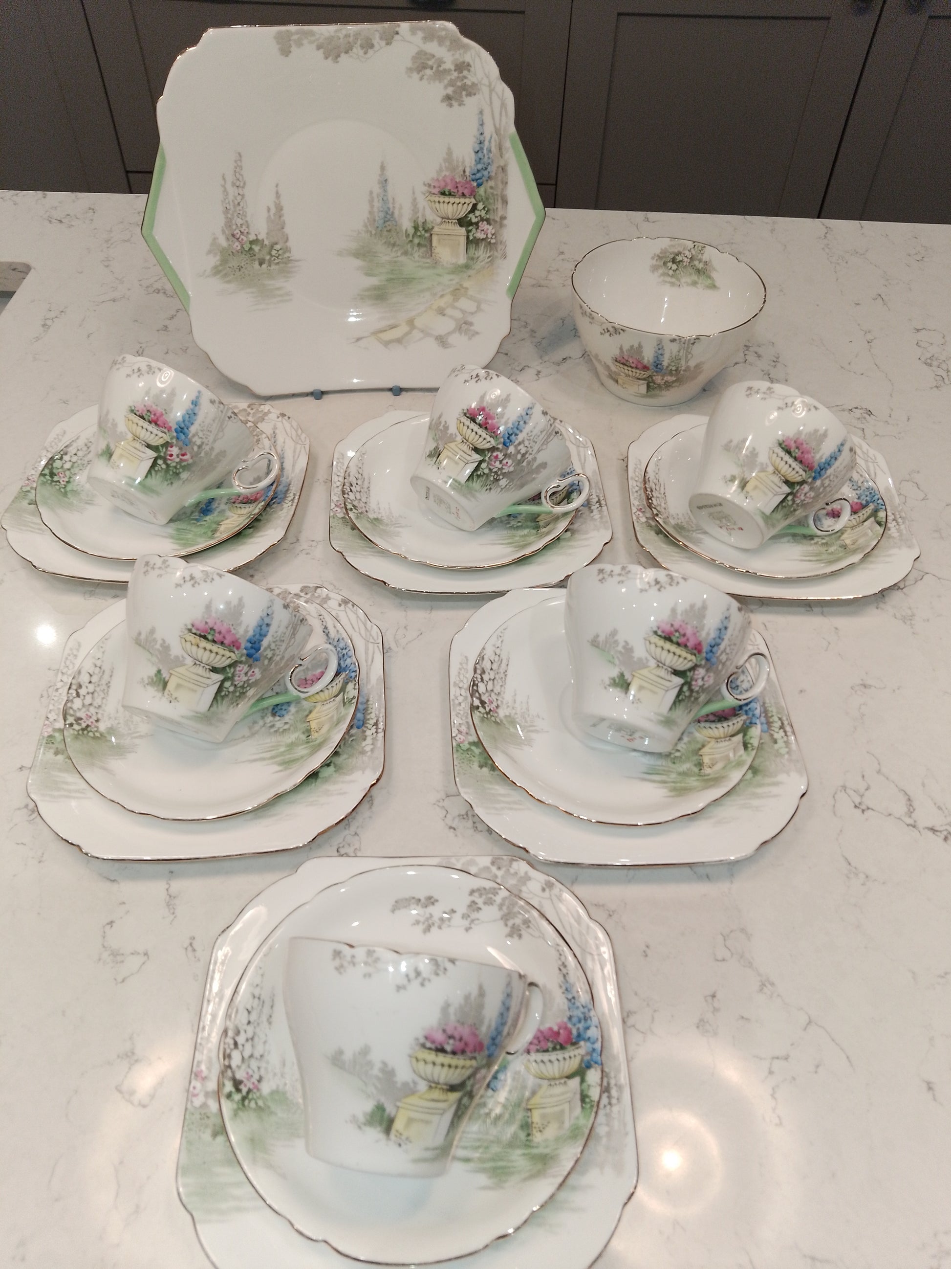Shelley Cambridge Part Tea Set Reg No 823343 Garden And Urn 1937 - Helsby Vintage