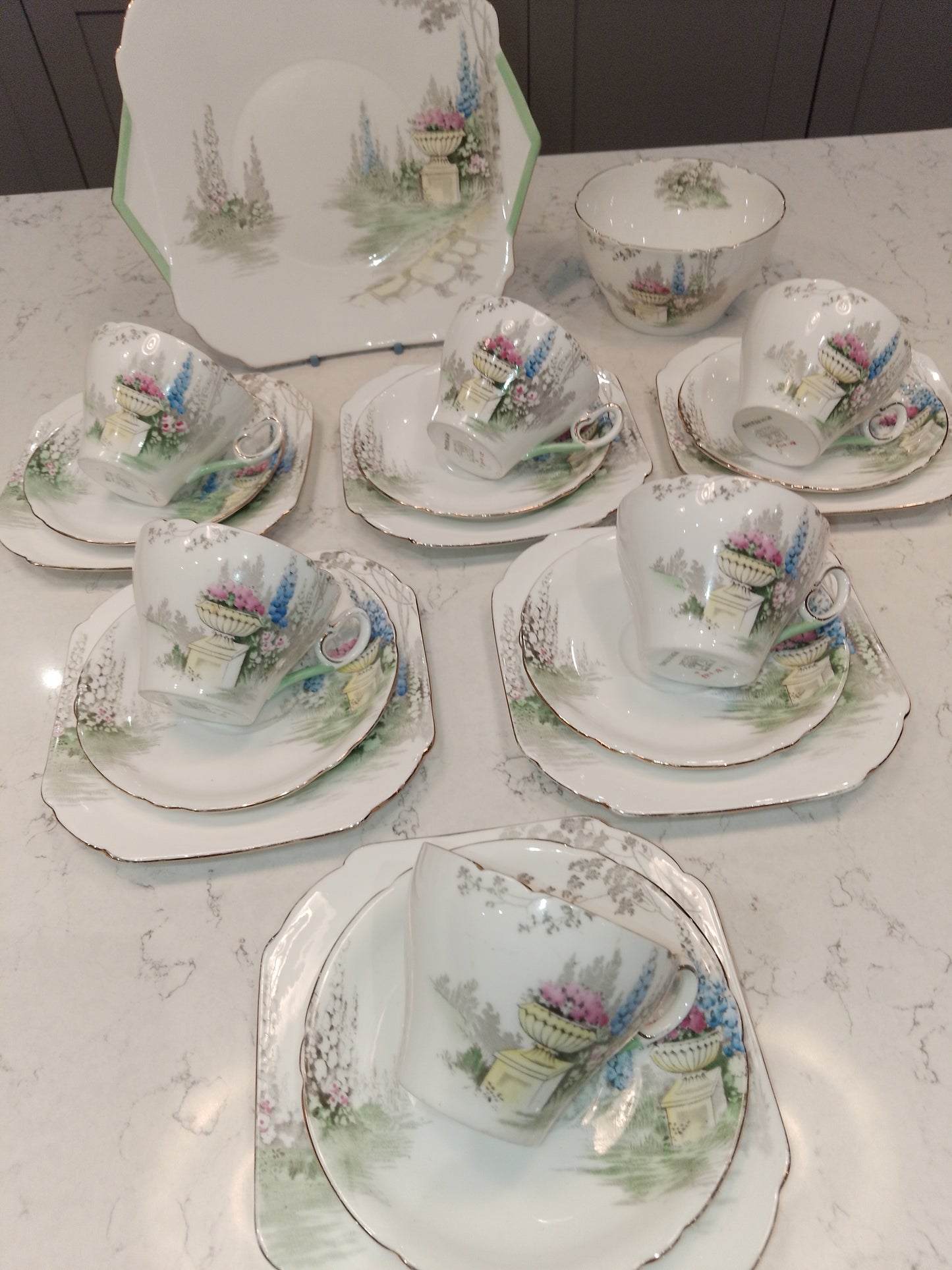 Shelley Cambridge Part Tea Set Reg No 823343 Garden And Urn 1937 - Helsby Vintage