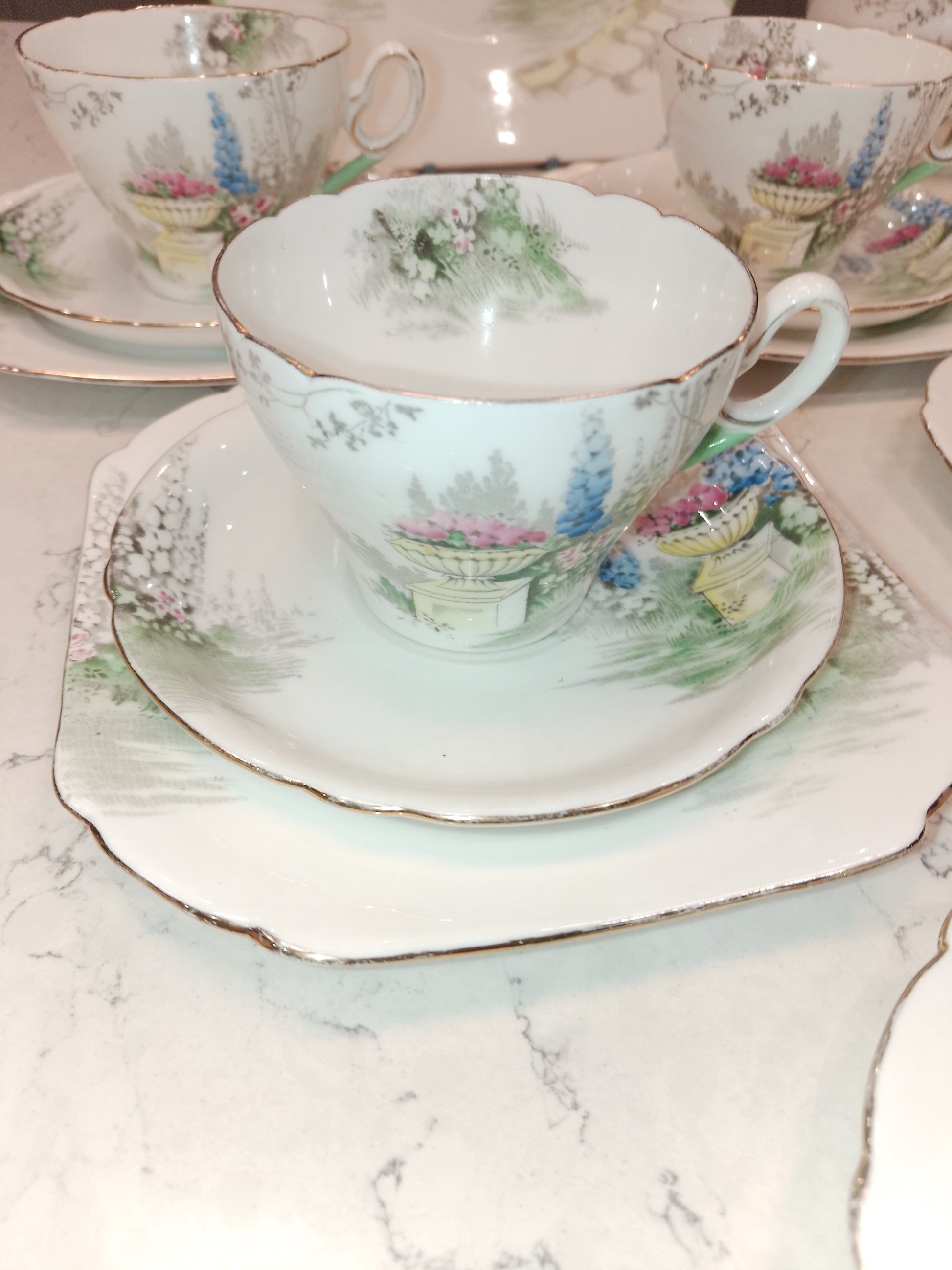 Shelley Cambridge Part Tea Set Reg No 823343 Garden And Urn 1937 - Helsby Vintage