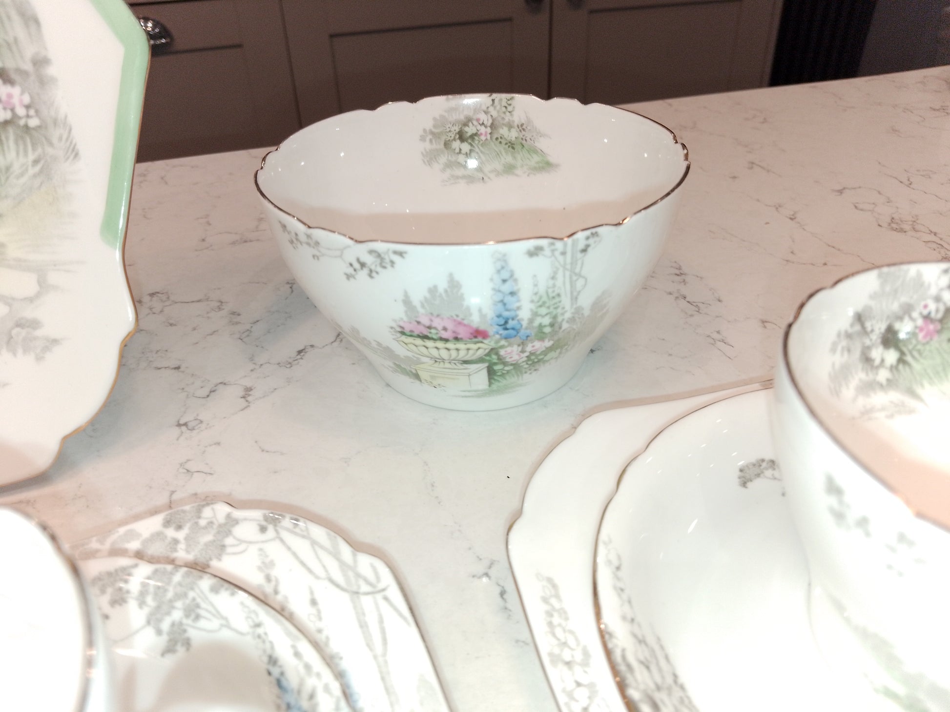 Shelley Cambridge Part Tea Set Reg No 823343 Garden And Urn 1937 - Helsby Vintage