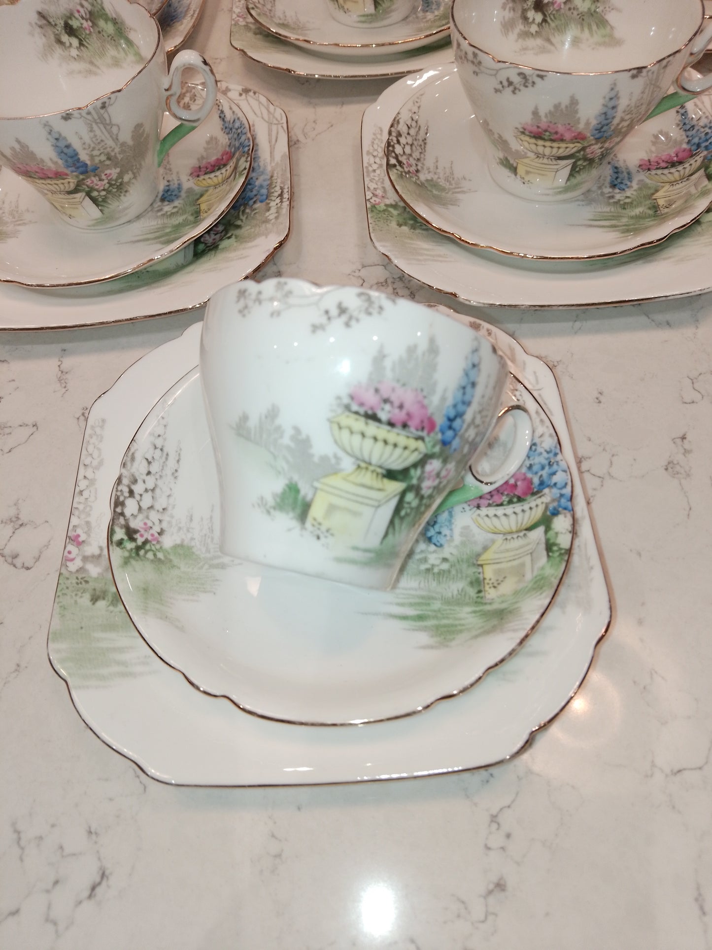 Shelley Cambridge Part Tea Set Reg No 823343 Garden And Urn 1937 - Helsby Vintage