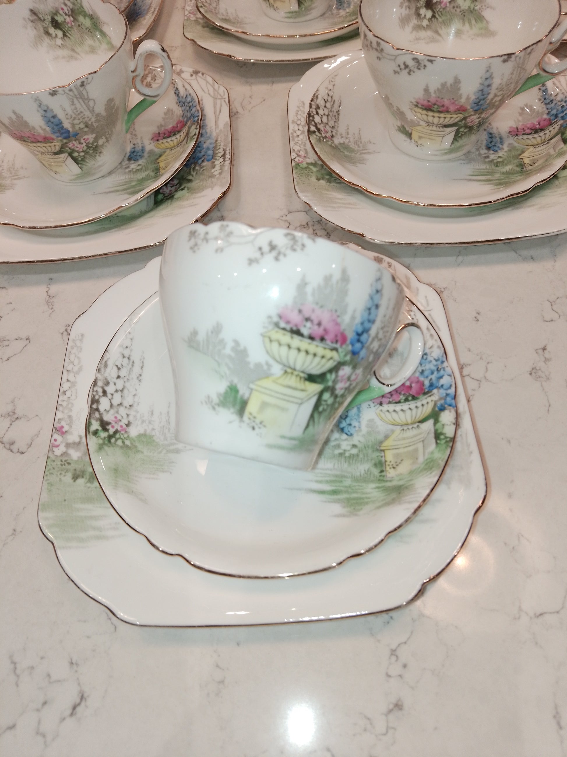 Shelley Cambridge Part Tea Set Reg No 823343 Garden And Urn 1937 - Helsby Vintage