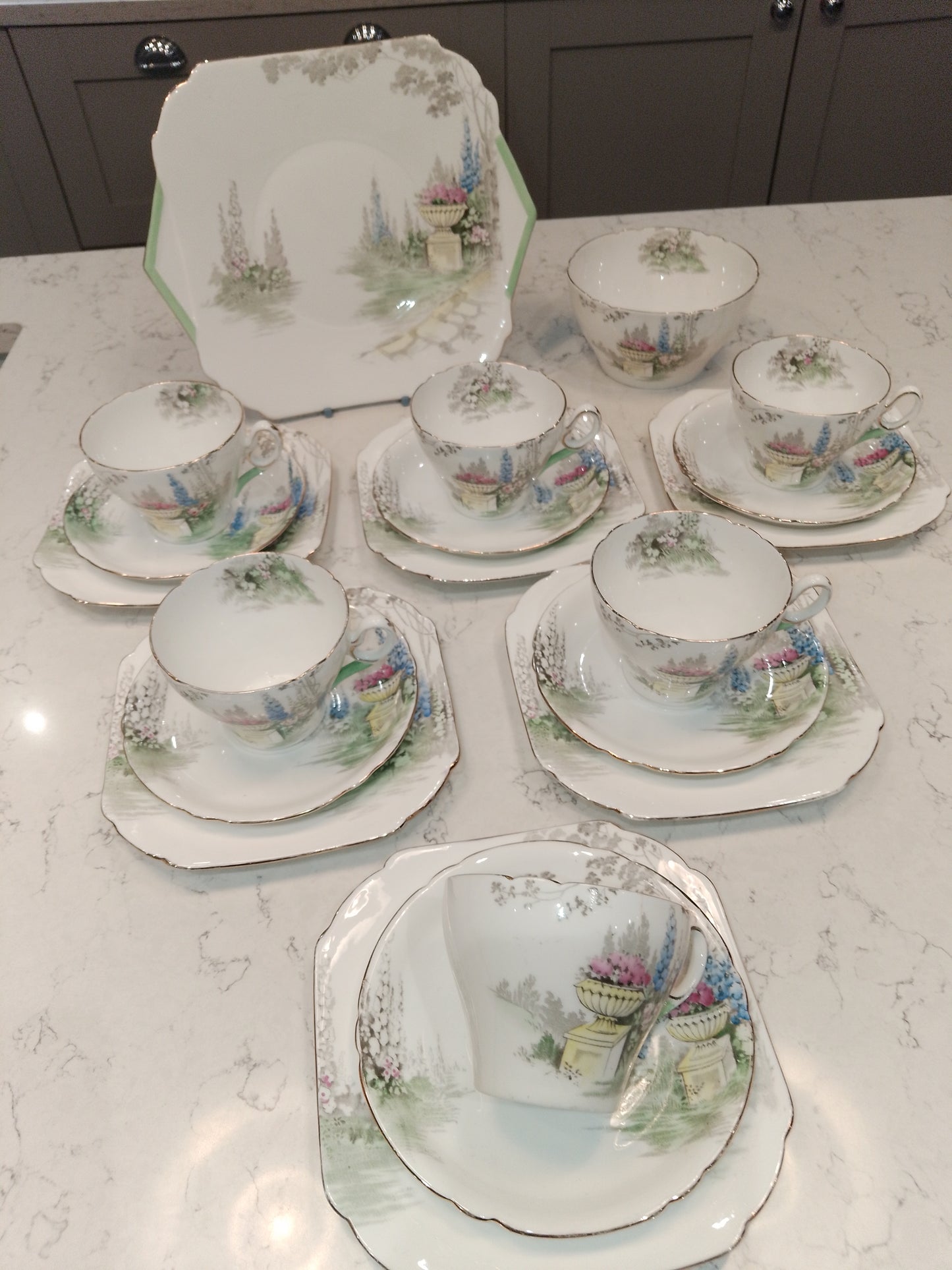 Shelley Cambridge Part Tea Set Reg No 823343 Garden And Urn 1937 - Helsby Vintage