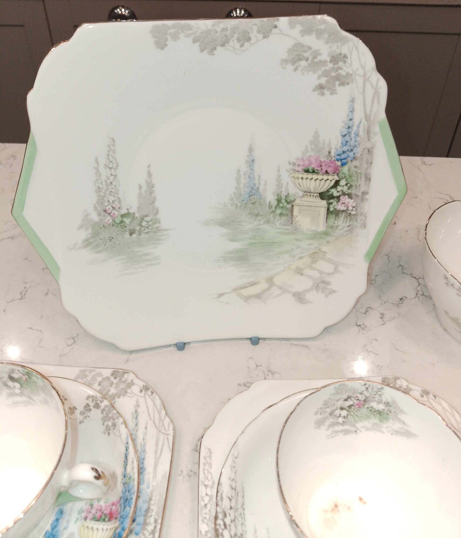 Shelley Cambridge Part Tea Set Reg No 823343 Garden And Urn 1937 - Helsby Vintage