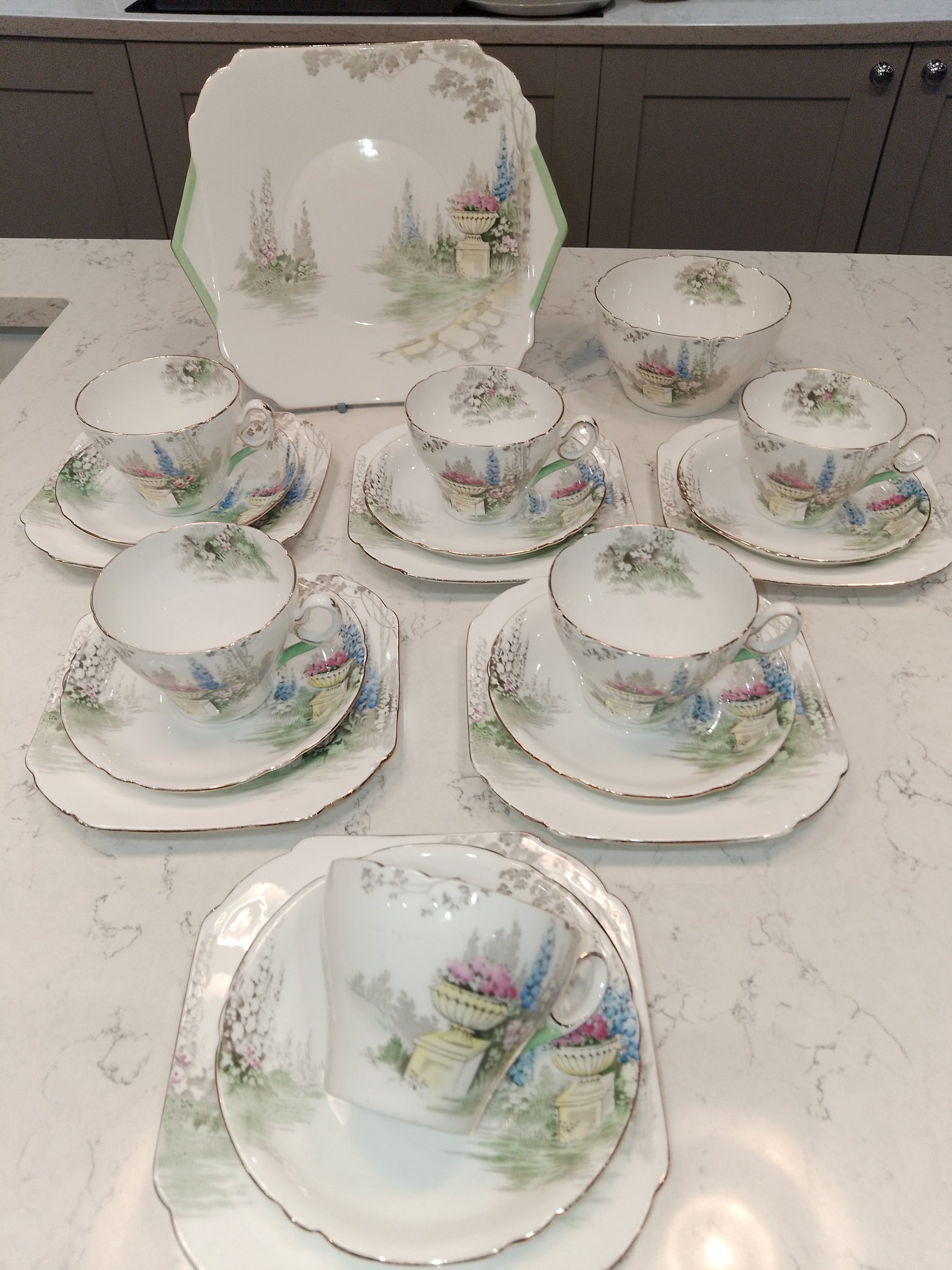 Shelley Cambridge Part Tea Set Reg No 823343 Garden And Urn 1937 - Helsby Vintage