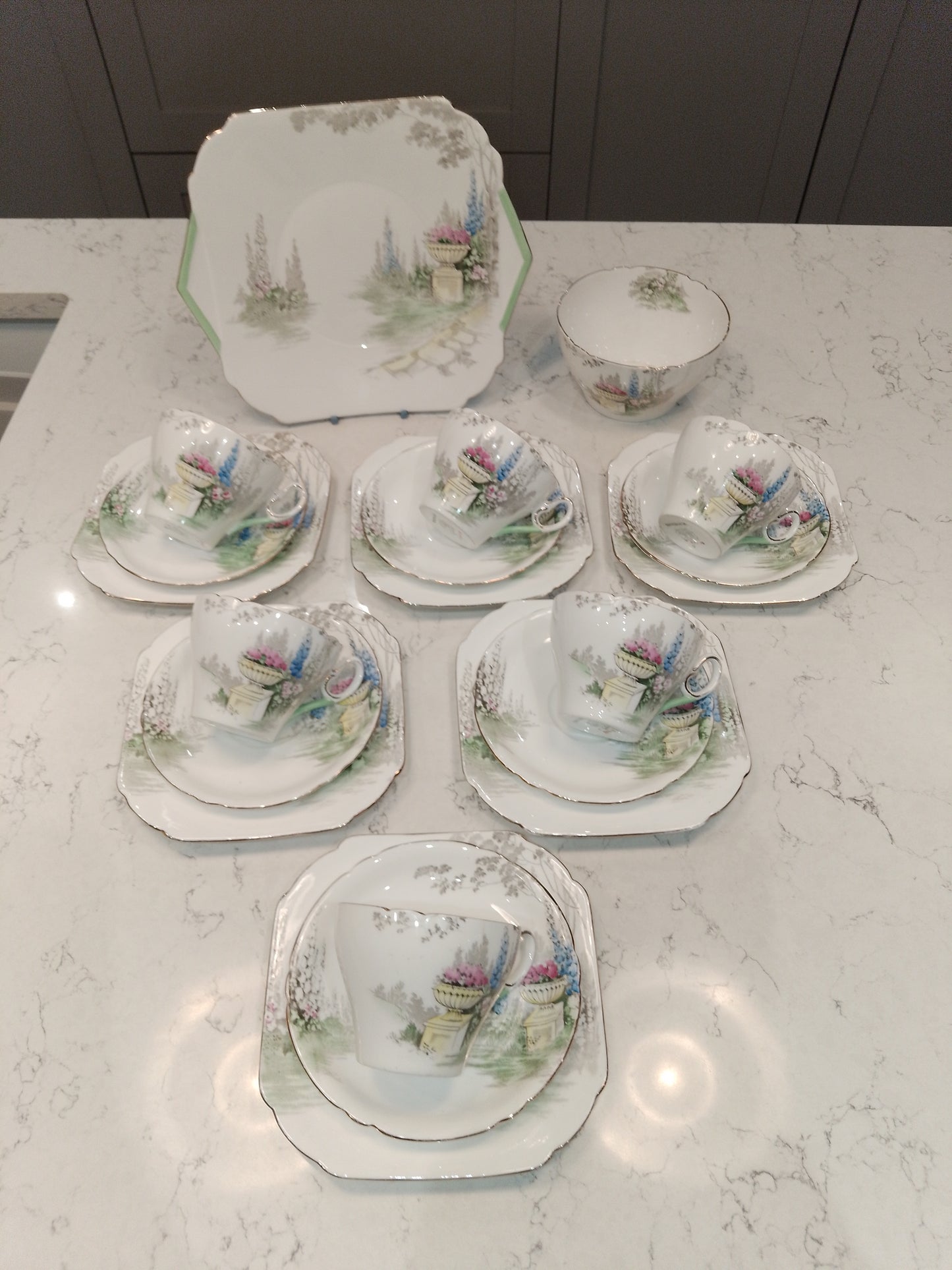 Shelley Cambridge Part Tea Set Reg No 823343 Garden And Urn 1937 - Helsby Vintage