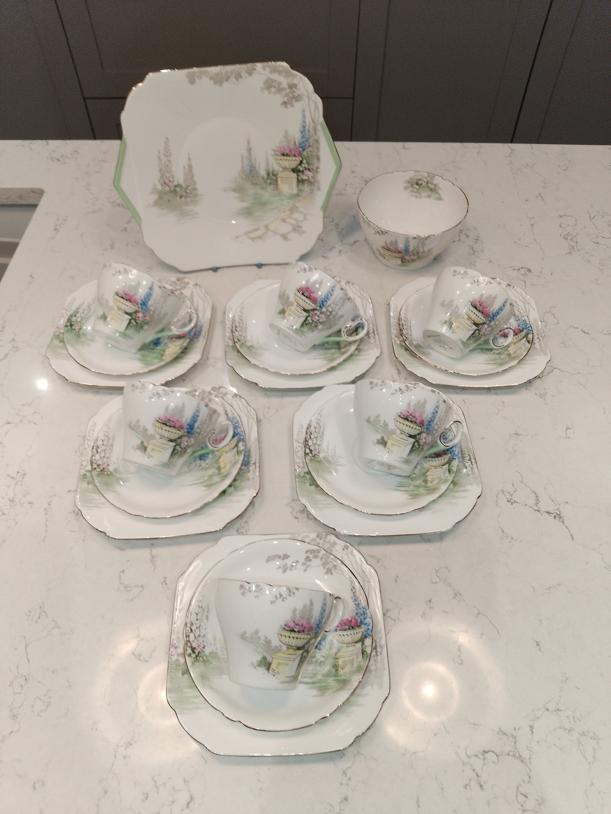 Shelley Cambridge Part Tea Set Reg No 823343 Garden And Urn 1937 - Helsby Vintage